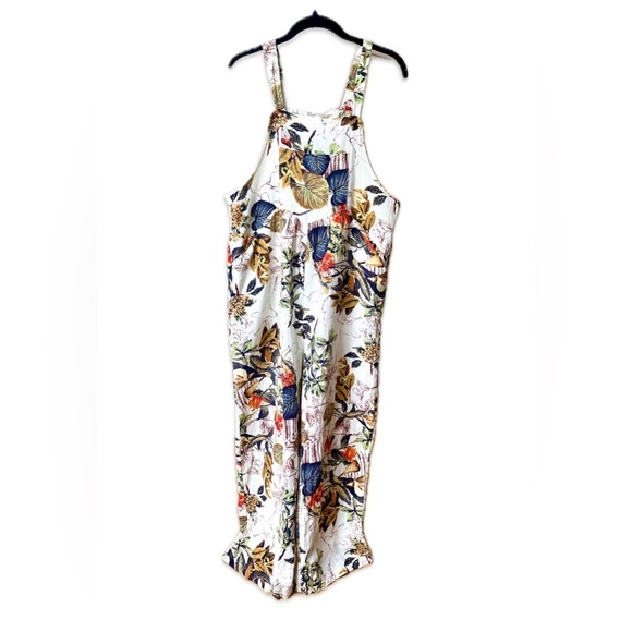 Pants - Cotton Blend Floral Plant Foliage Overalls Medium Button Straps Side Zipper